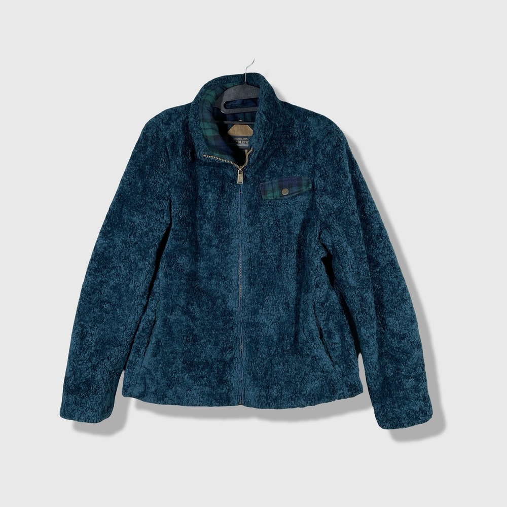 Pendleton Fleece Jacket Womens Medium Teal Plaid Trim Sherpa Full‎ Zip Gorpcore